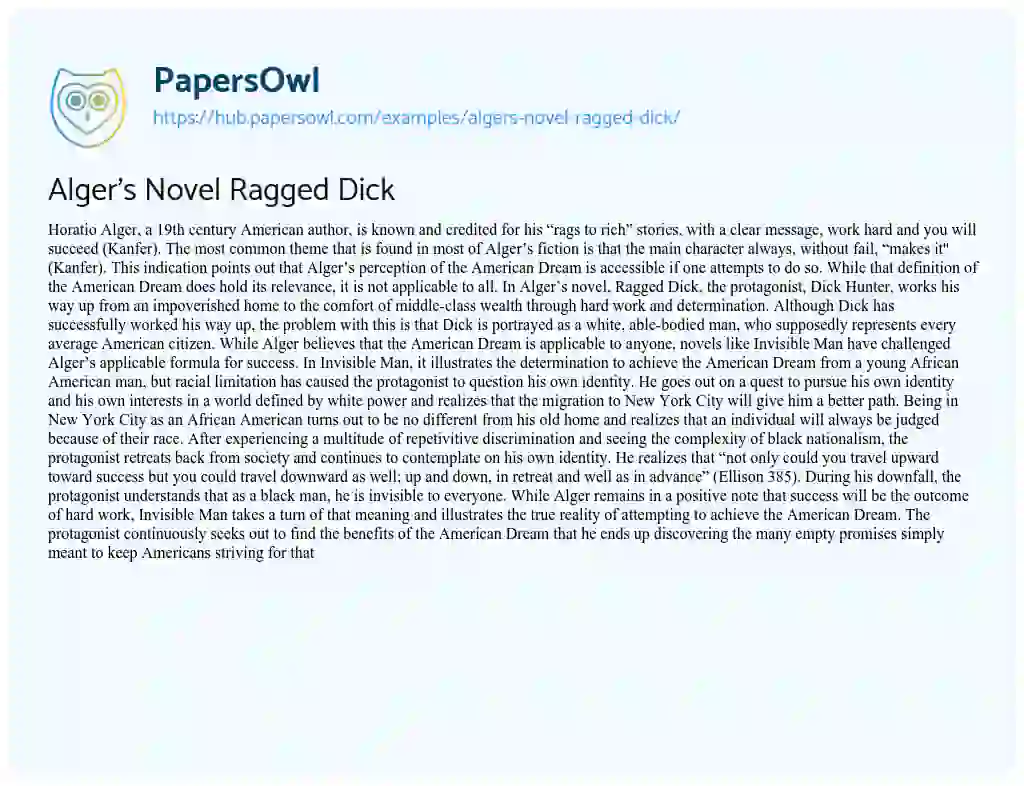 Essay on Alger’s Novel Ragged Dick