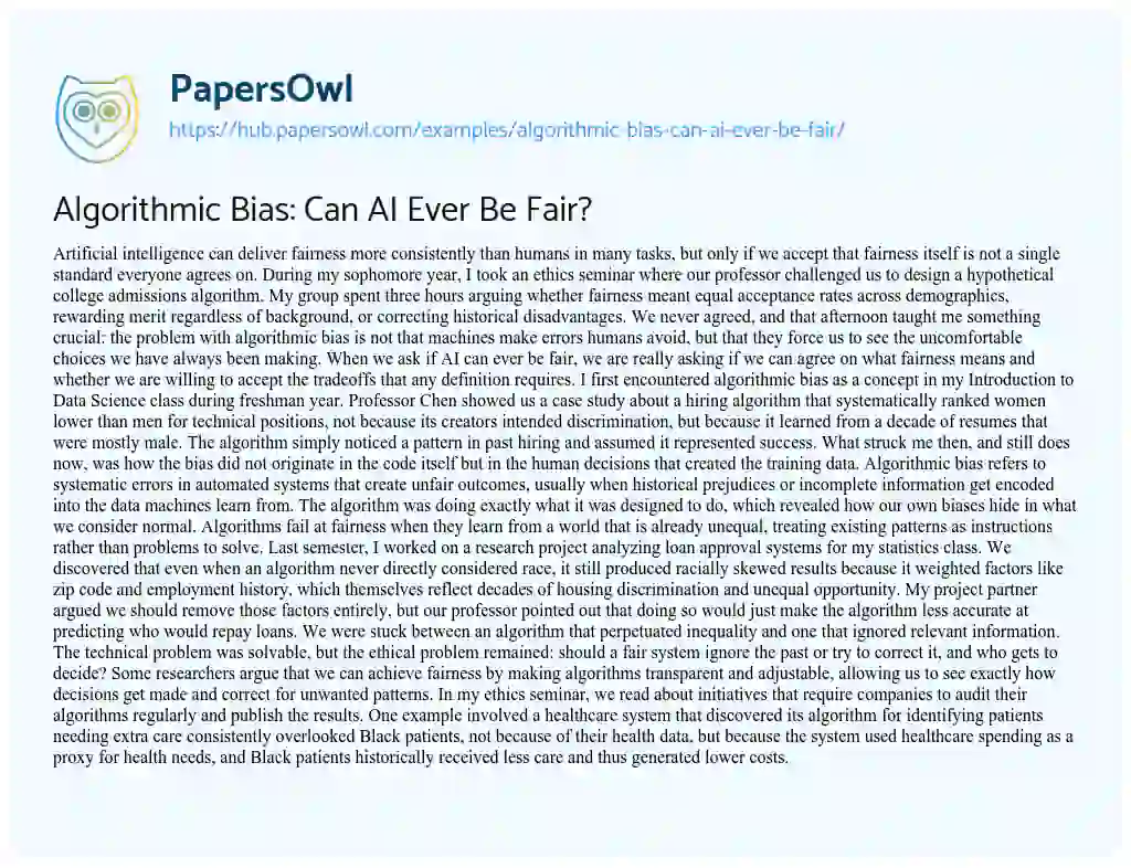 Essay on Algorithmic Bias: Can AI Ever Be Fair?