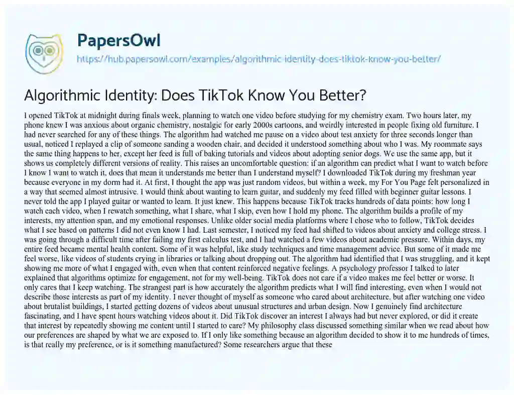 Essay on Algorithmic Identity: Does TikTok Know You Better?