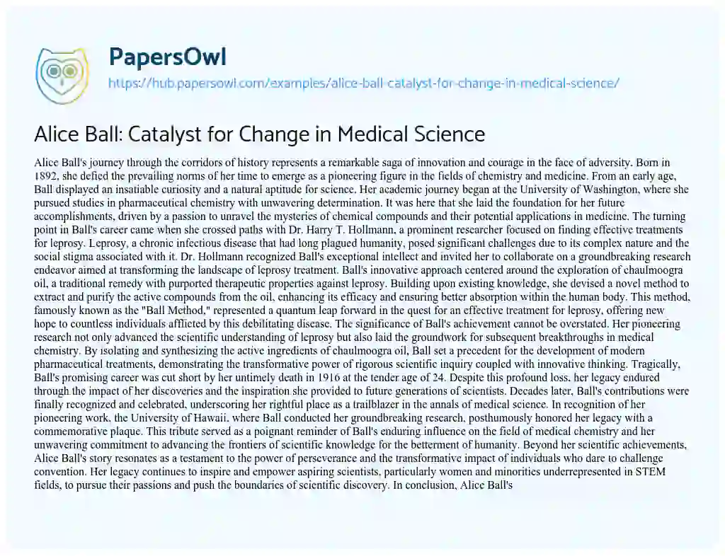 Essay on Alice Ball: Catalyst for Change in Medical Science
