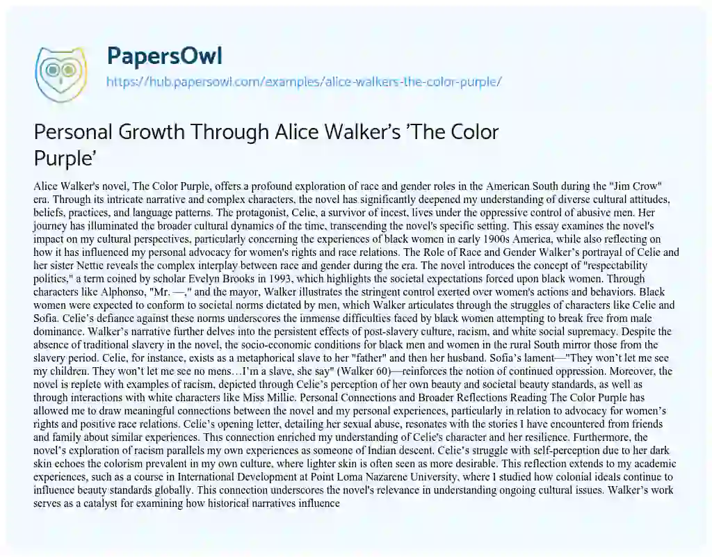 Essay on Personal Growth Through Alice Walker’s ‘The Color Purple’