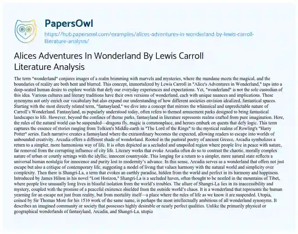 Essay on Alices Adventures In Wonderland By Lewis Carroll Literature Analysis