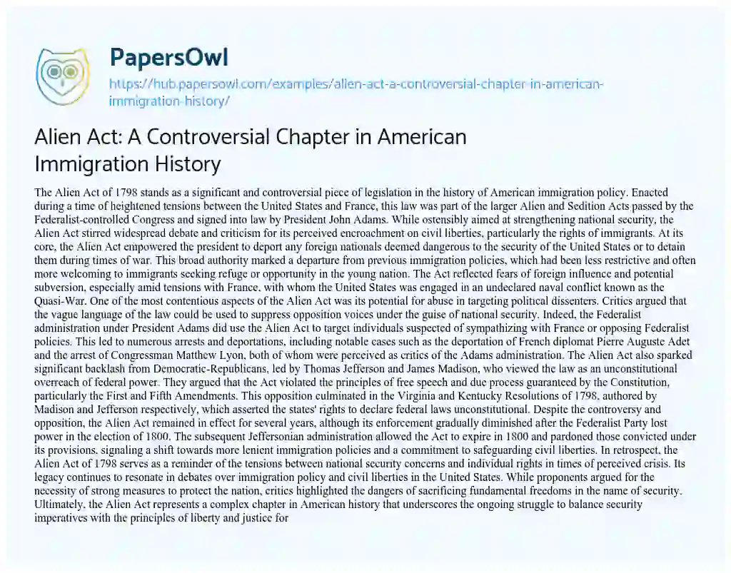 Essay on Alien Act: A Controversial Chapter in American Immigration History