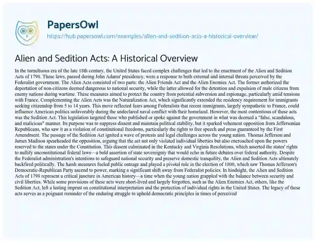 Essay on Alien and Sedition Acts: A Historical Overview