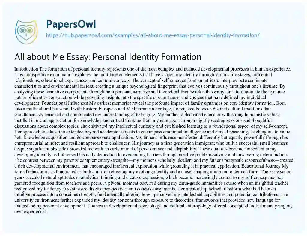 Essay on All about Me Essay: Personal Identity Formation