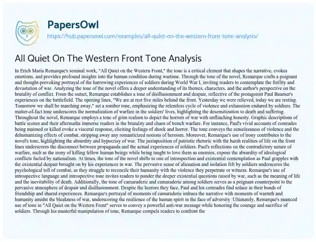 Essay on All Quiet On The Western Front Tone Analysis
