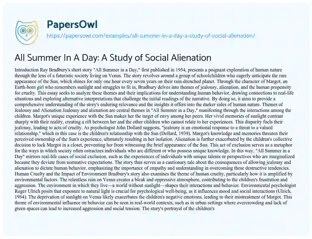 Essay on All Summer In A Day: A Study of Social Alienation