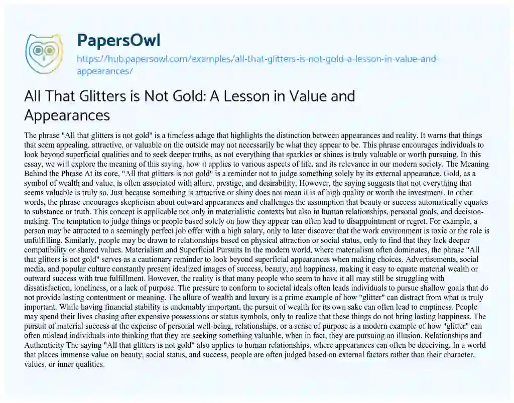 Essay on All That Glitters is Not Gold: A Lesson in Value and Appearances