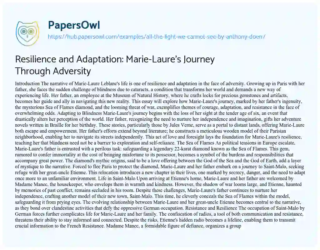 Essay on Resilience and Adaptation: Marie-Laure’s Journey Through Adversity