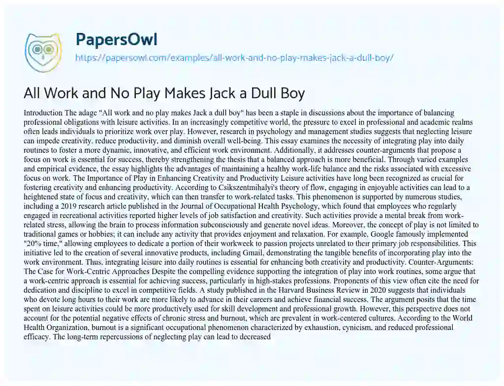 Essay on All Work and No Play Makes Jack a Dull Boy