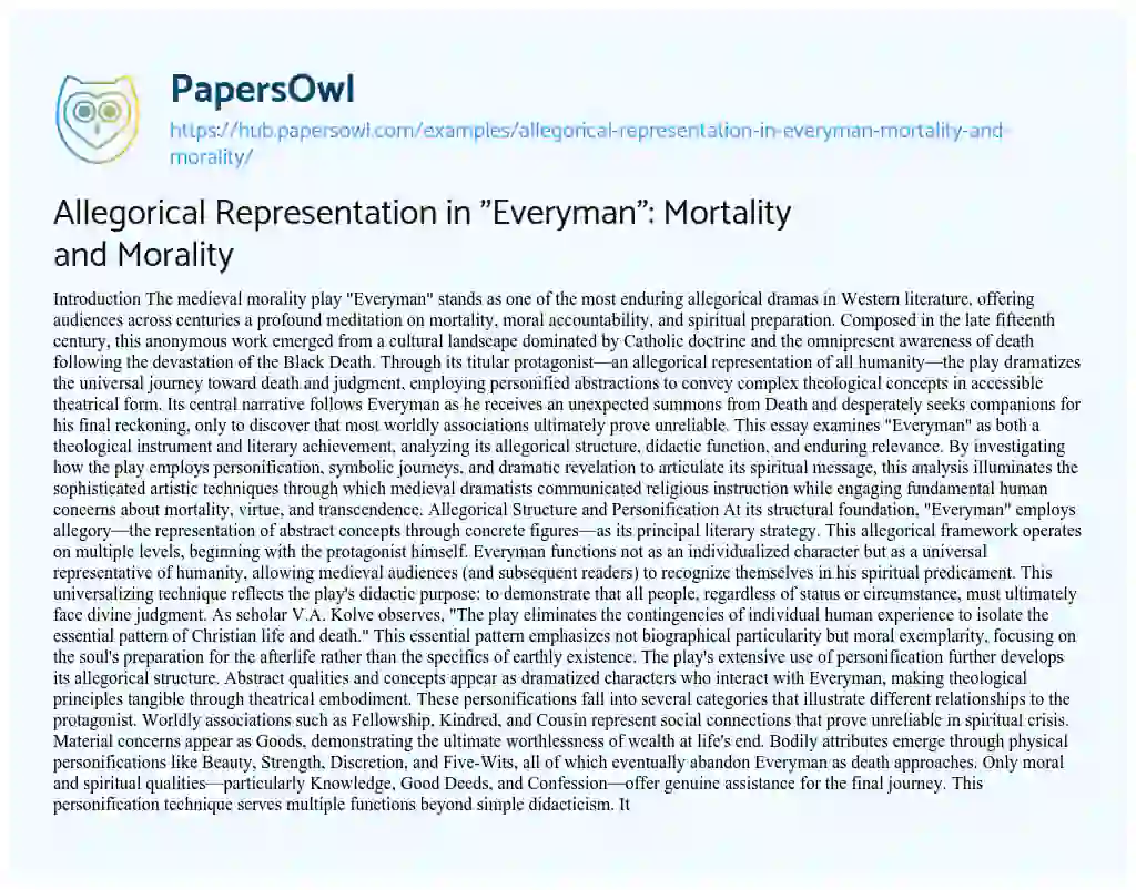Essay on Allegorical Representation in “Everyman”: Mortality and Morality