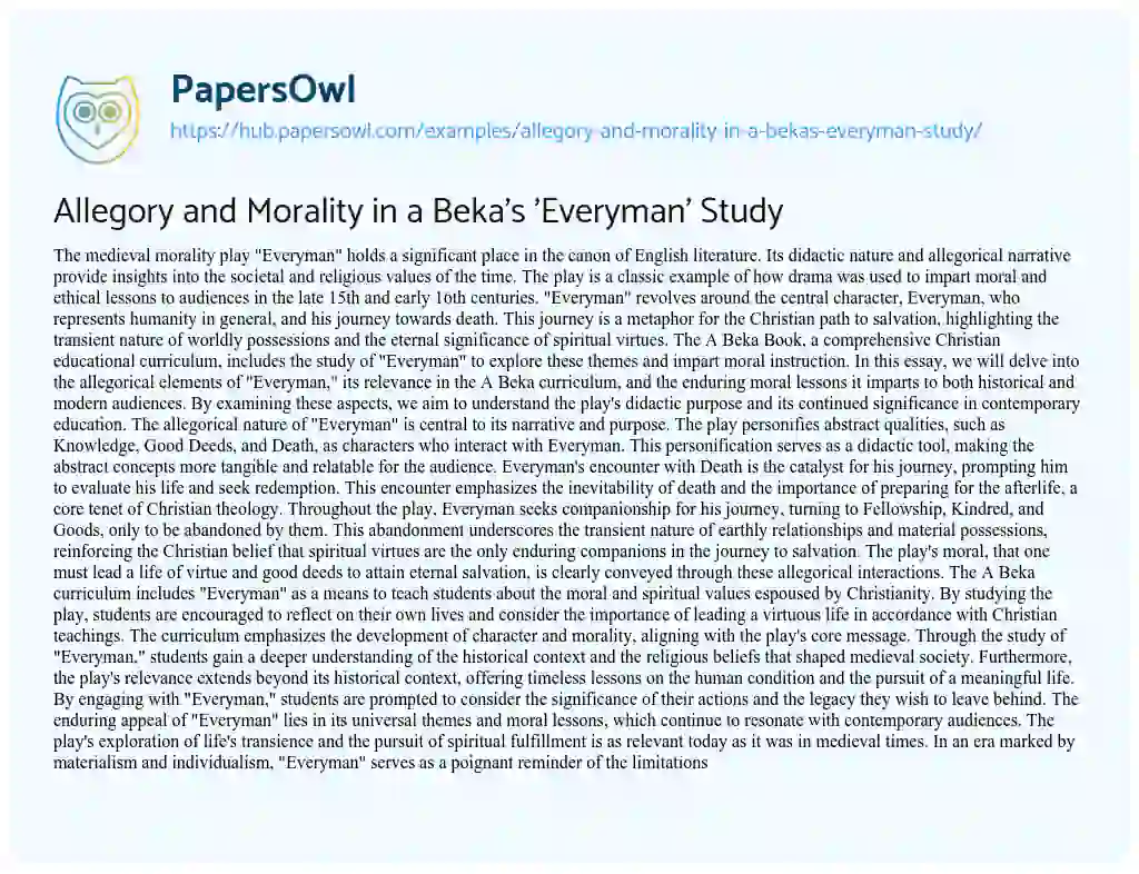 Essay on Allegory and Morality in a Beka’s ‘Everyman’ Study