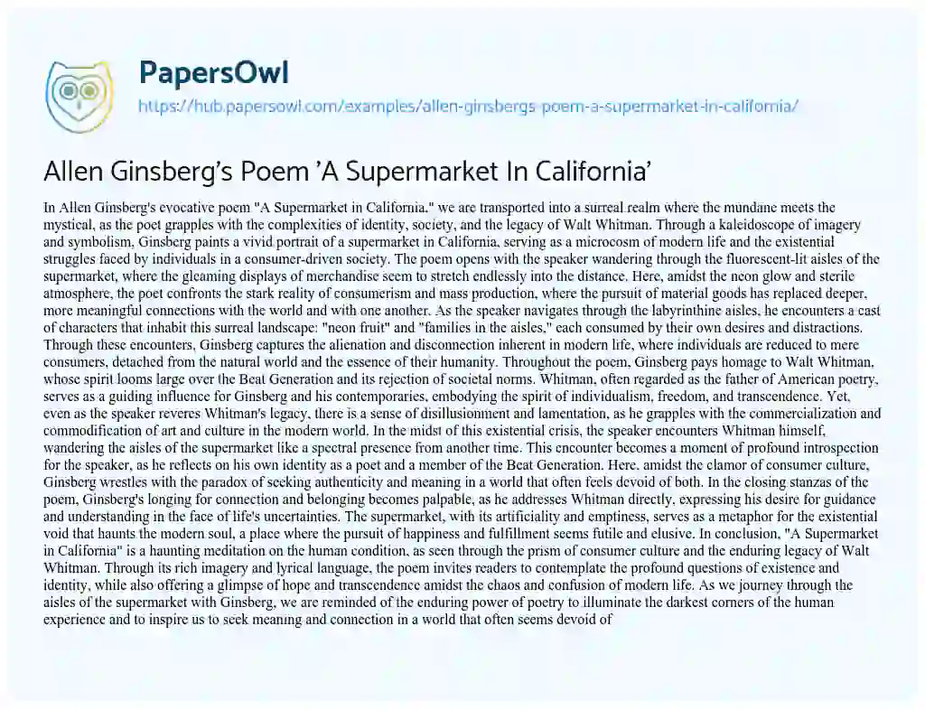 Essay on Allen Ginsberg’s Poem ‘A Supermarket In California’