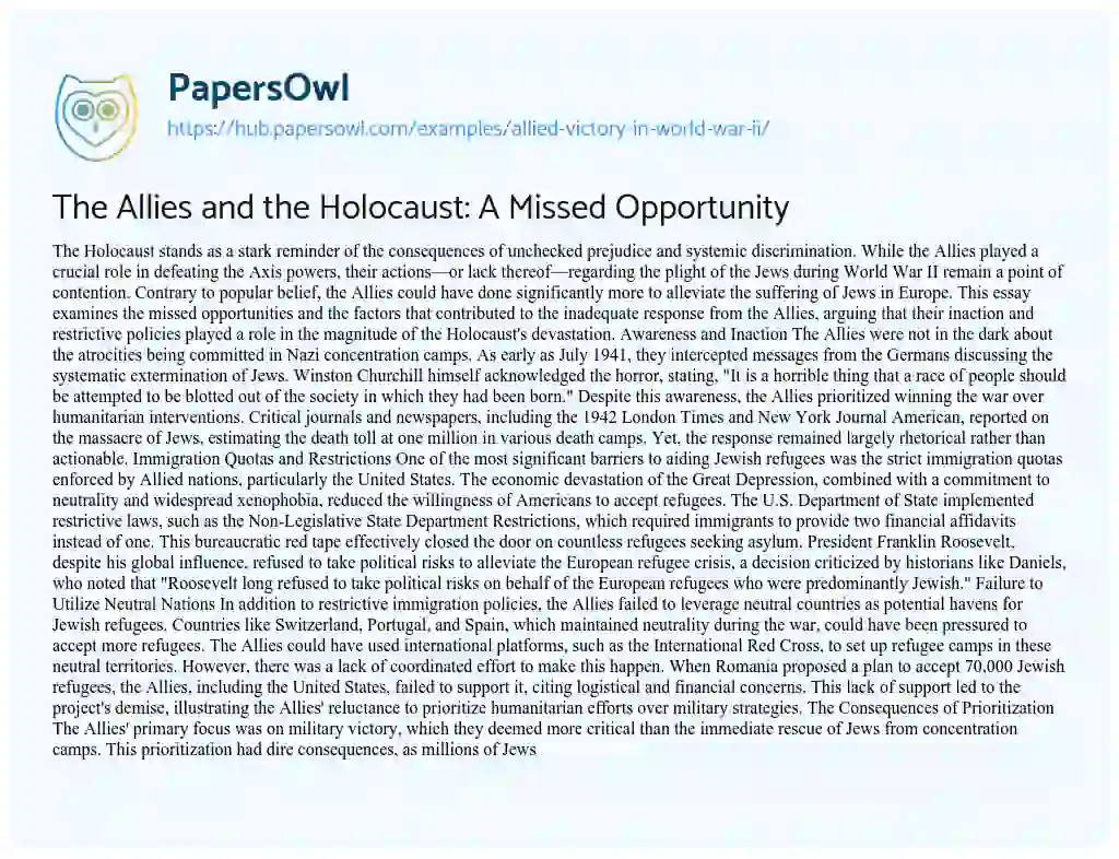 Essay on The Allies and the Holocaust: A Missed Opportunity