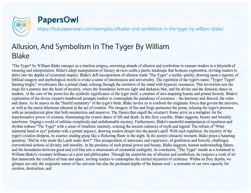 Essay on Allusion, And Symbolism In The Tyger By William Blake