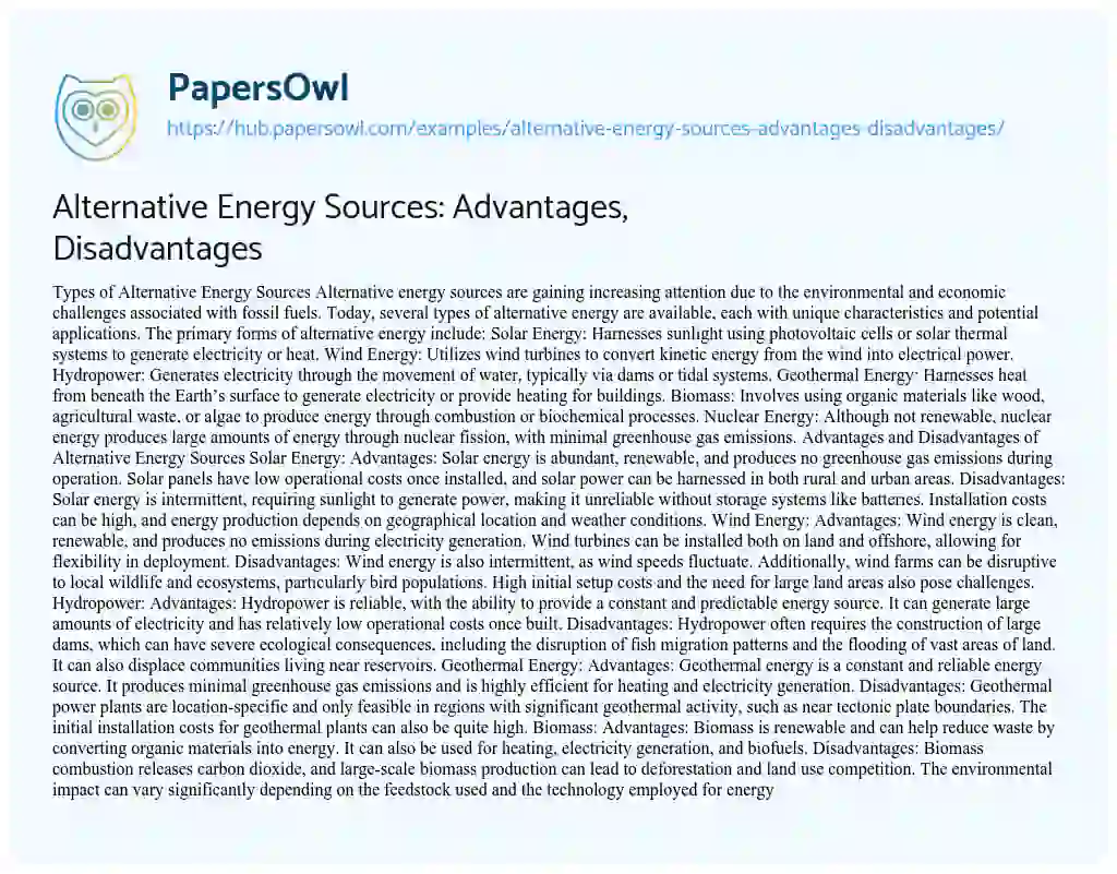 Essay on Alternative Energy Sources: Advantages, Disadvantages