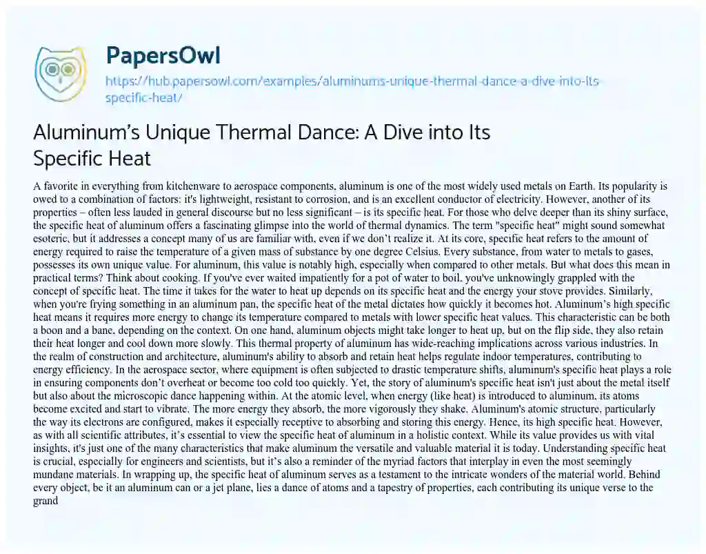Essay on Aluminum’s Unique Thermal Dance: A Dive into Its Specific Heat