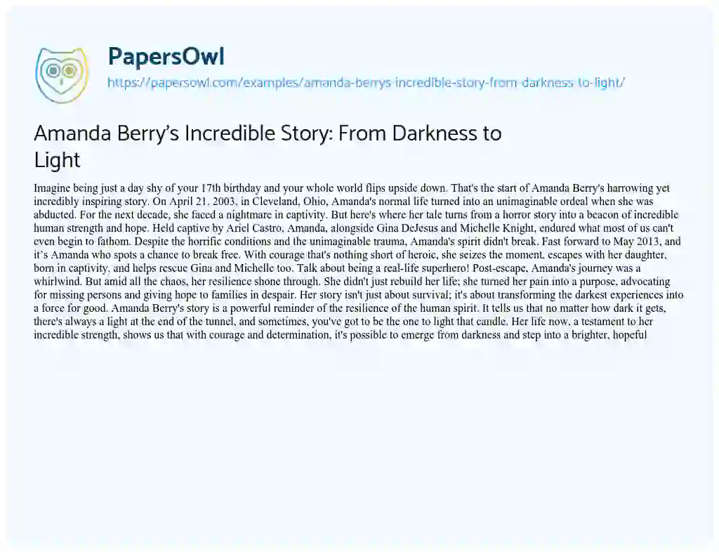 Essay on Amanda Berry’s Incredible Story: From Darkness to Light