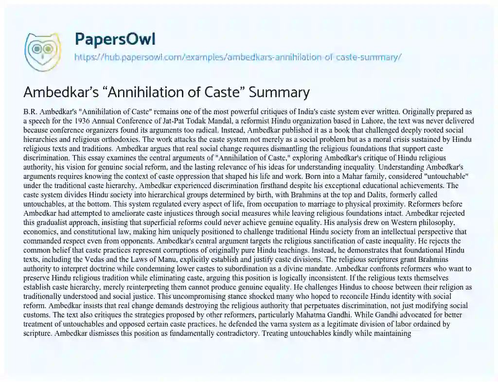 Essay on Ambedkar’s “Annihilation of Caste” Summary