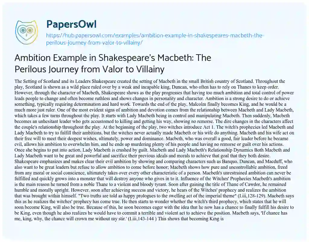 Essay on Ambition Example in Shakespeare’s Macbeth: The Perilous Journey from Valor to Villainy