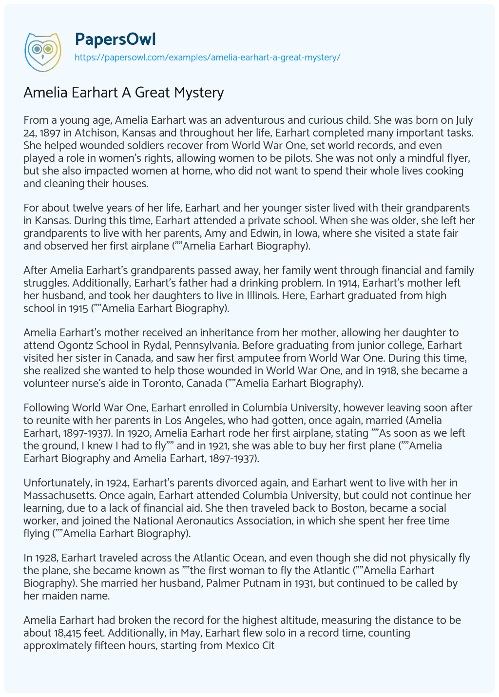 Essay on Amelia Earhart A Great Mystery