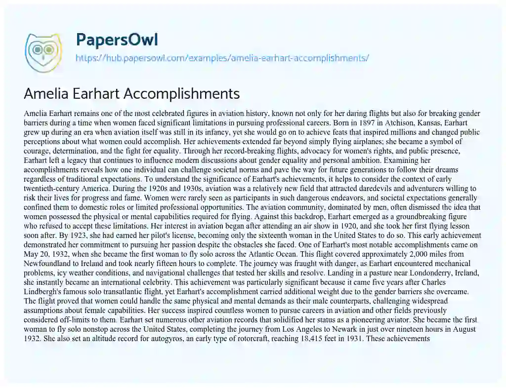 Essay on Amelia Earhart Accomplishments