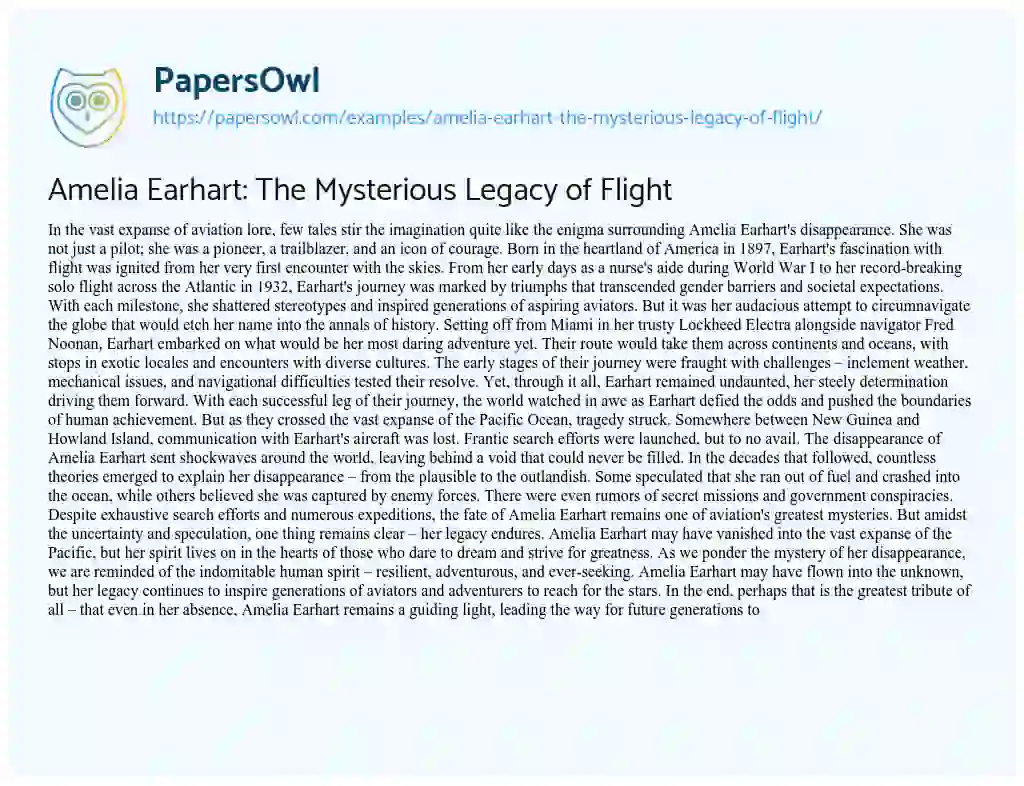 Essay on Amelia Earhart: The Mysterious Legacy of Flight