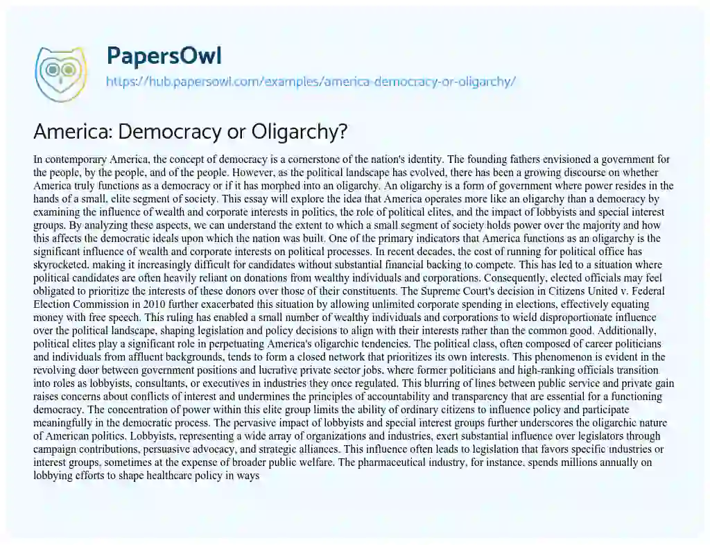 Essay on America: Democracy or Oligarchy?