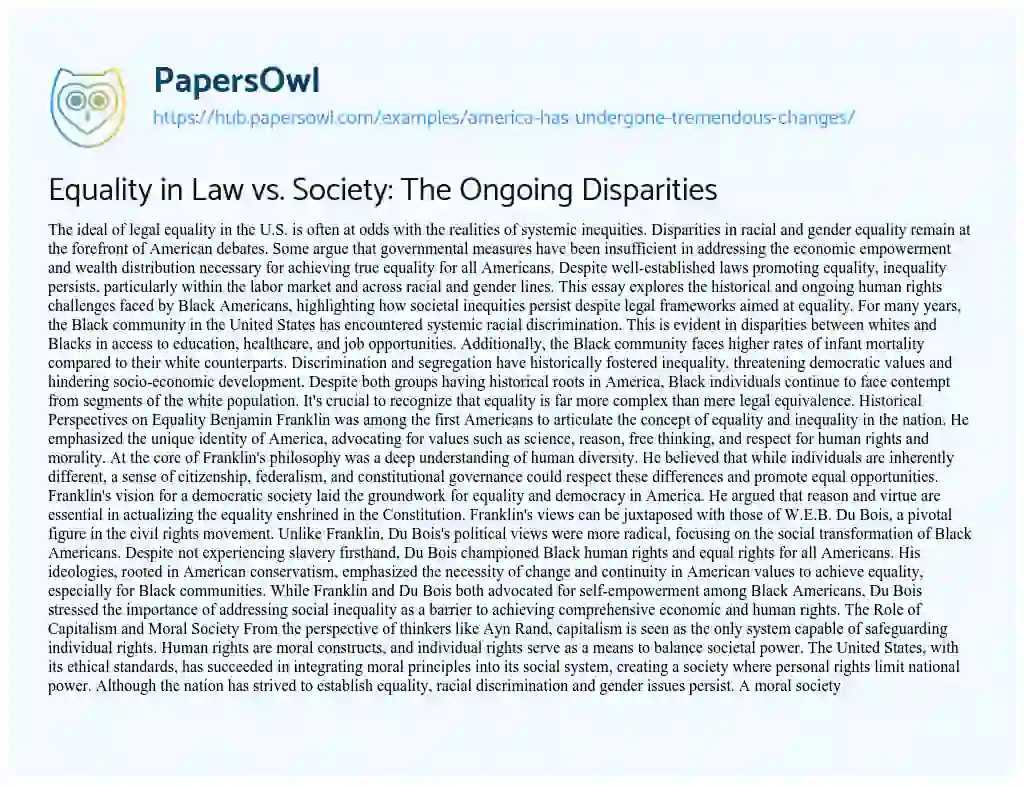 Essay on Equality in Law vs. Society: The Ongoing Disparities