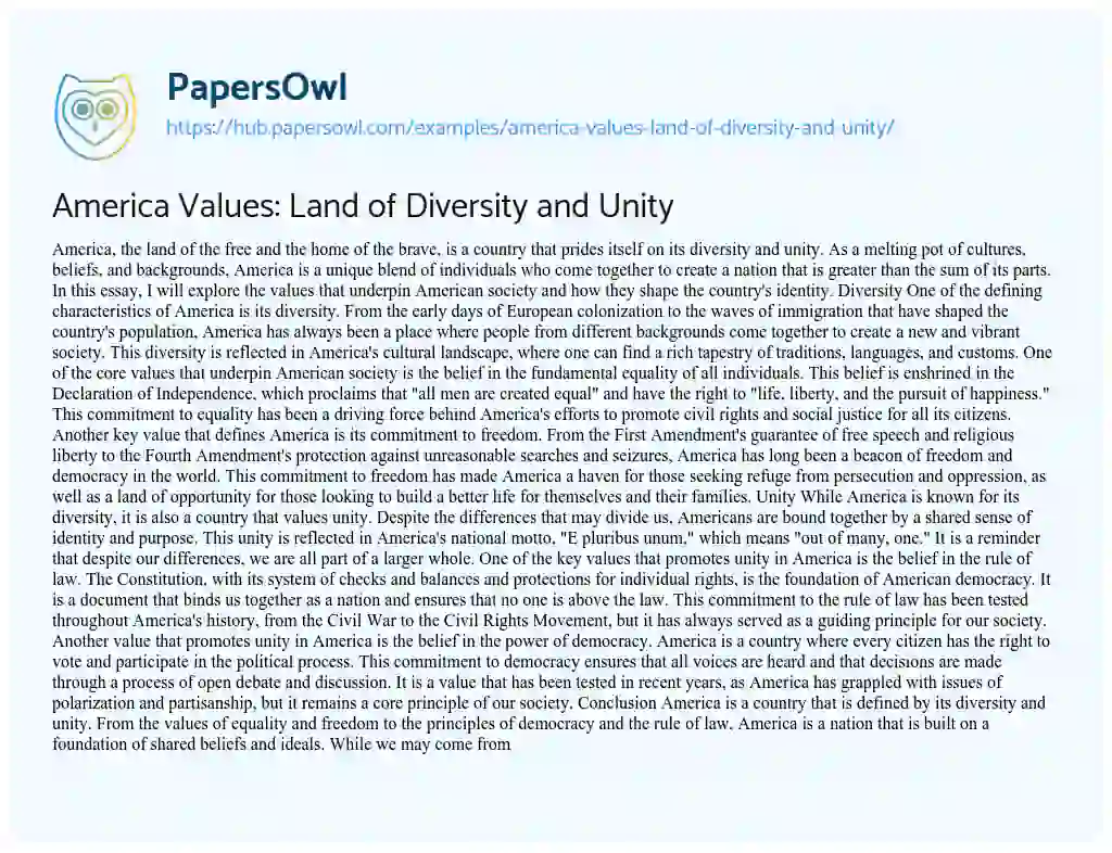 Essay on America Values: Land of Diversity and Unity