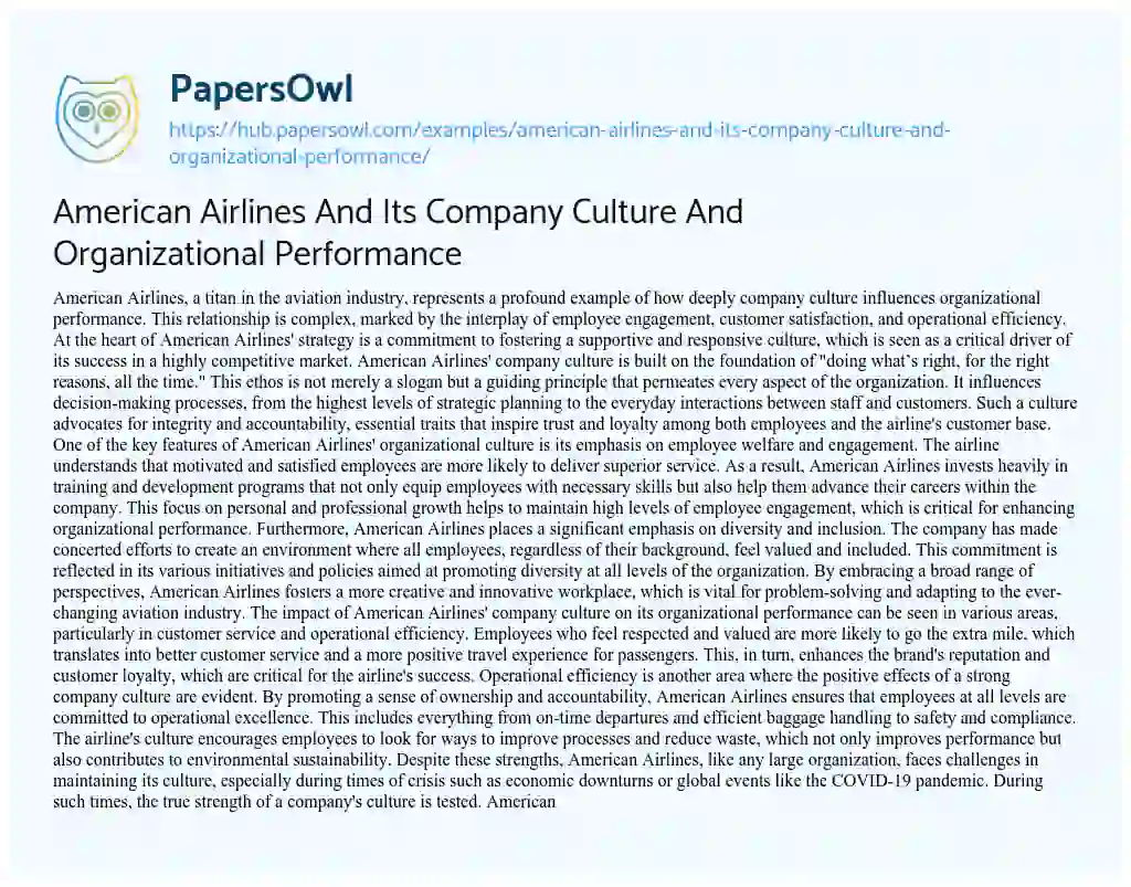 Essay on American Airlines And Its Company Culture And Organizational Performance