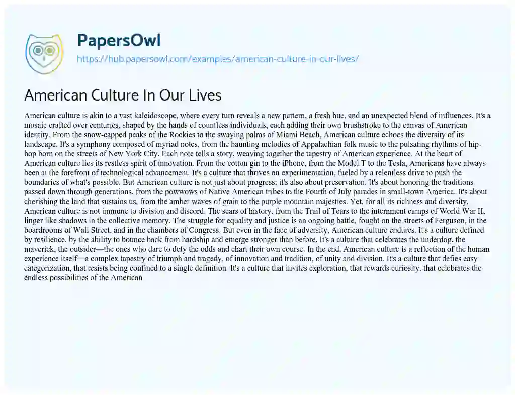Essay on American Culture In Our Lives