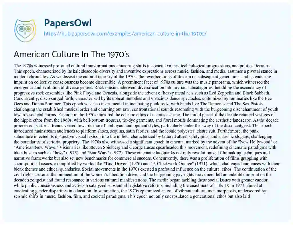 Essay on American Culture In The 1970’s