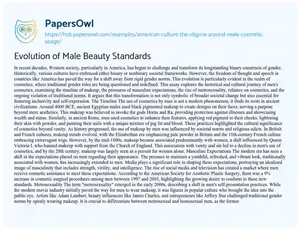 Essay on Evolution of Male Beauty Standards