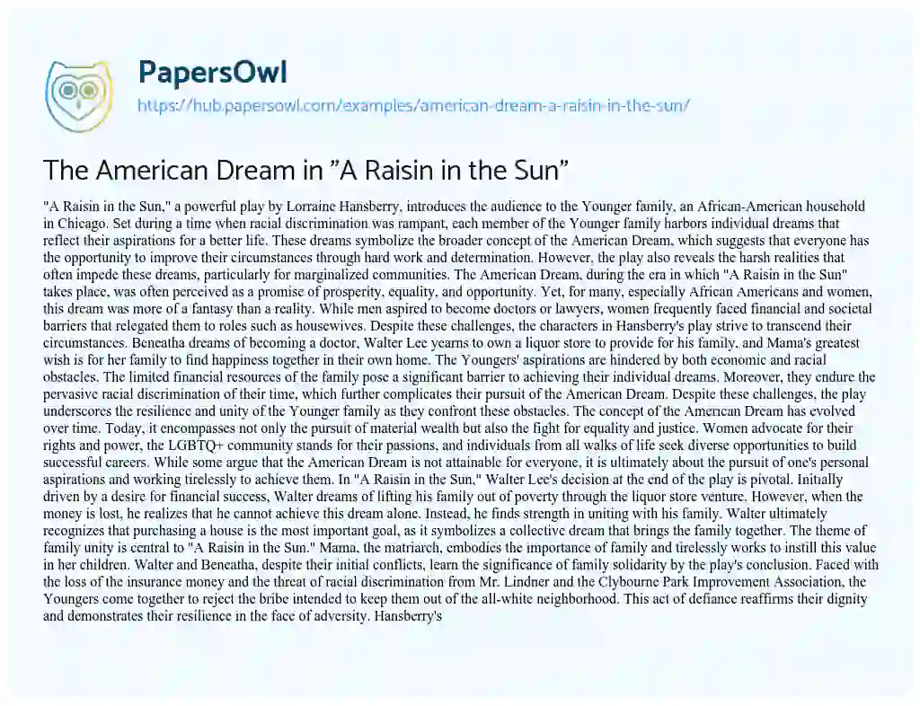 Essay on The American Dream in “A Raisin in the Sun”