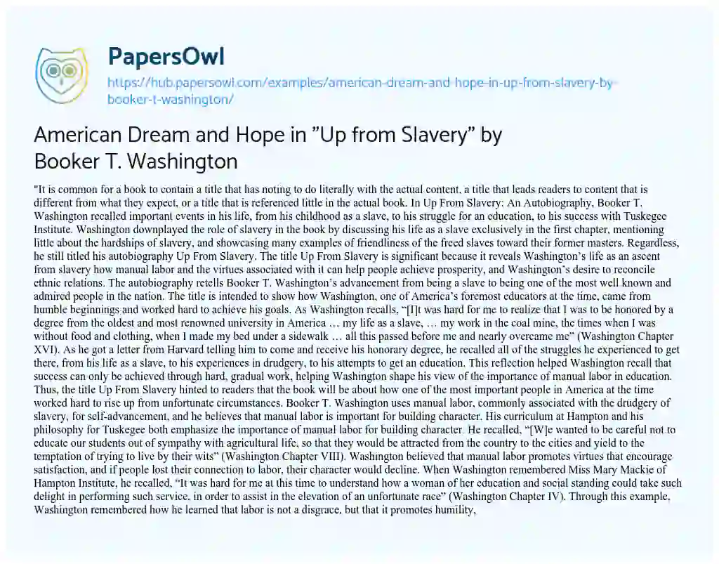 Essay on American Dream and Hope in “Up from Slavery” by Booker T. Washington