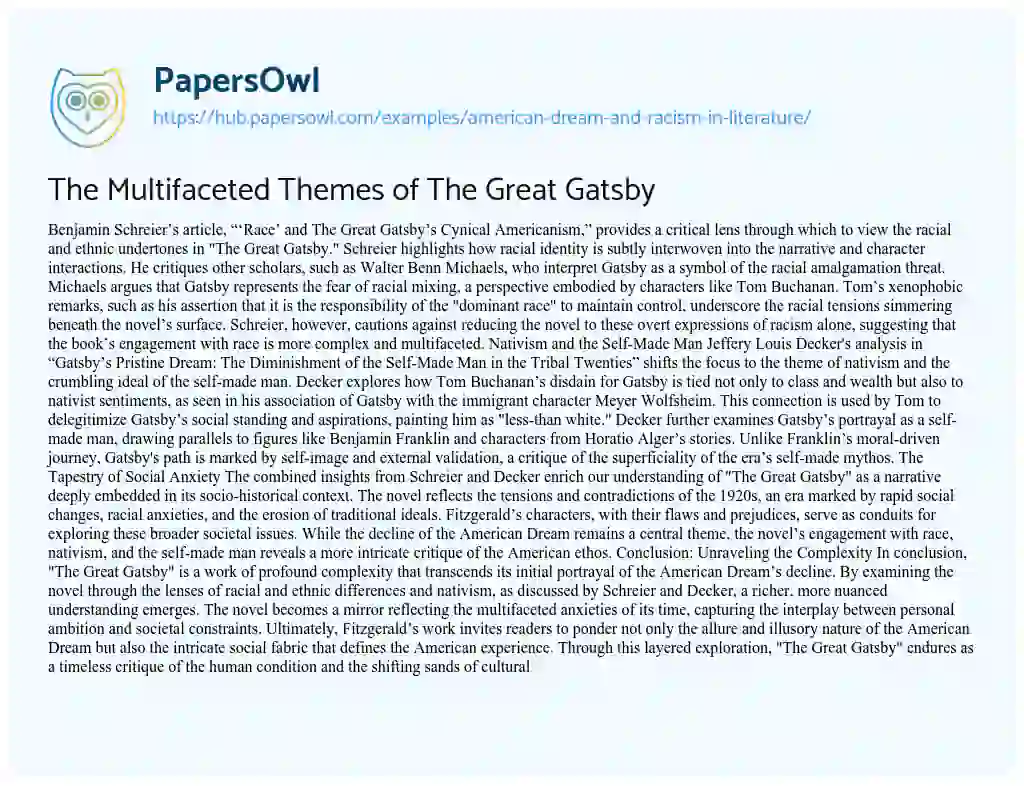 Essay on The Multifaceted Themes of The Great Gatsby