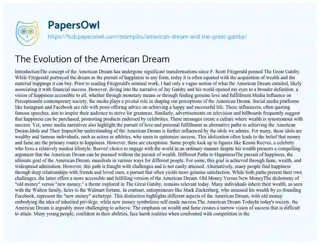 Essay on The Evolution of the American Dream