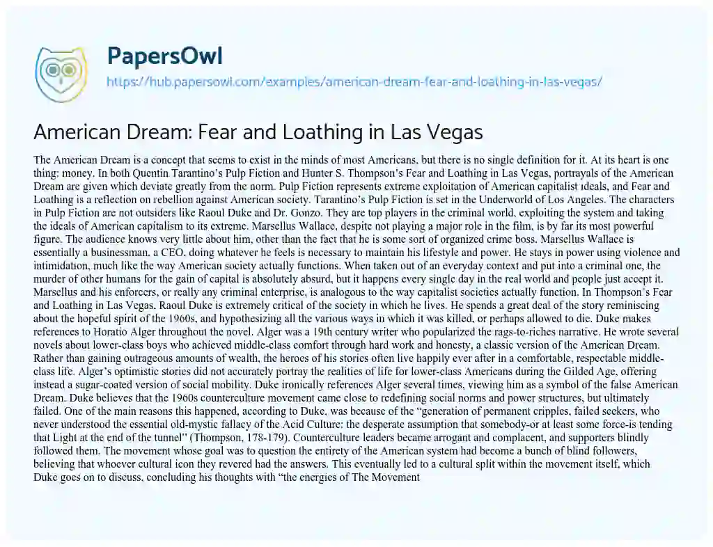 Essay on American Dream: Fear and Loathing in Las Vegas