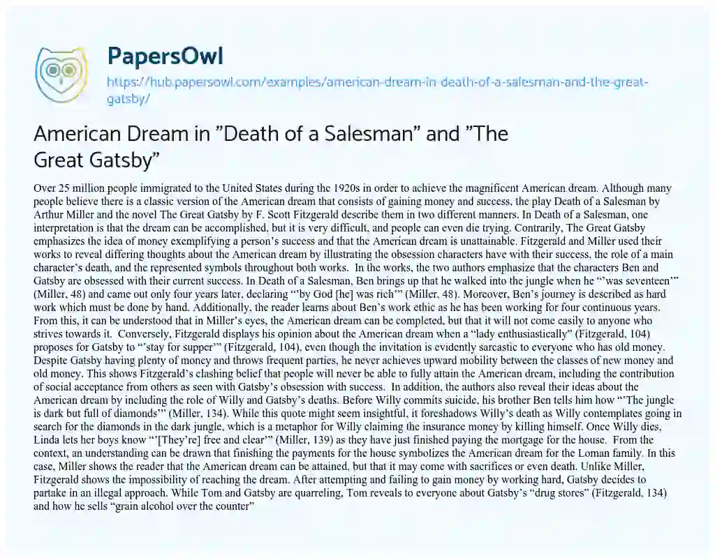 Essay on American Dream in “Death of a Salesman” and “The Great Gatsby”