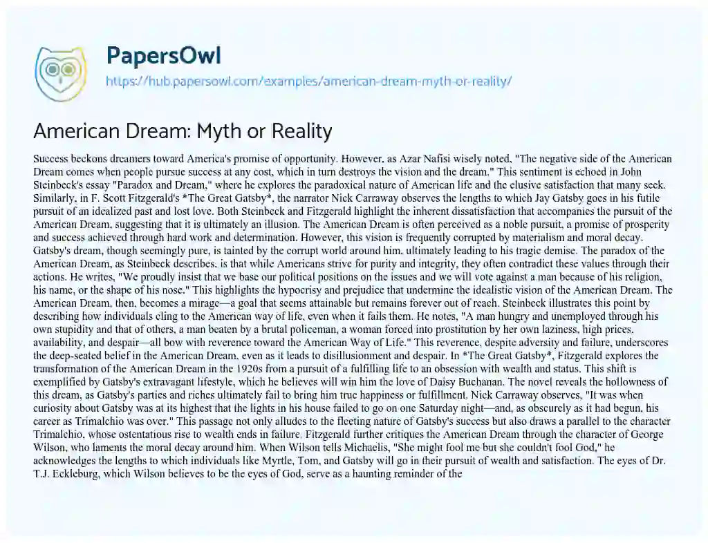 Essay on American Dream: Myth or Reality