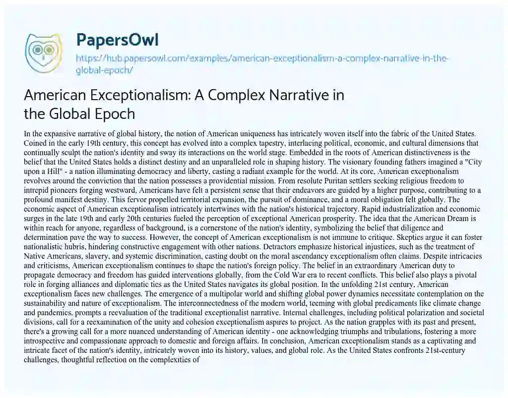Essay on American Exceptionalism: A Complex Narrative in the Global Epoch