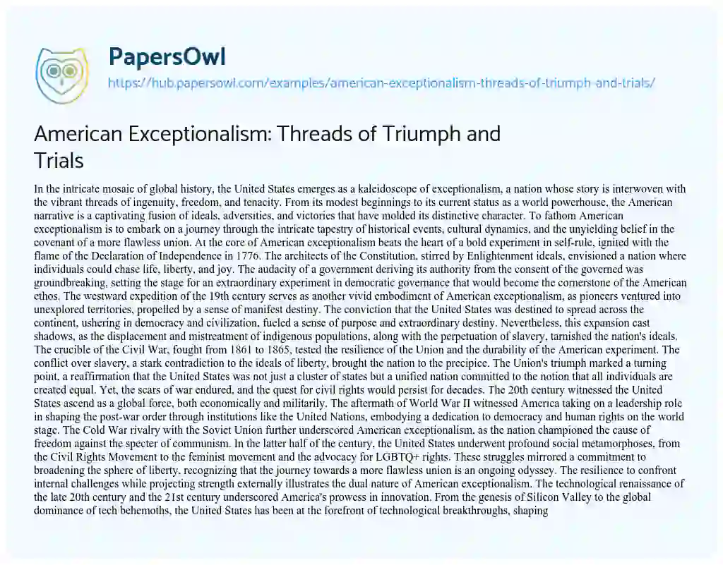 Essay on American Exceptionalism: Threads of Triumph and Trials