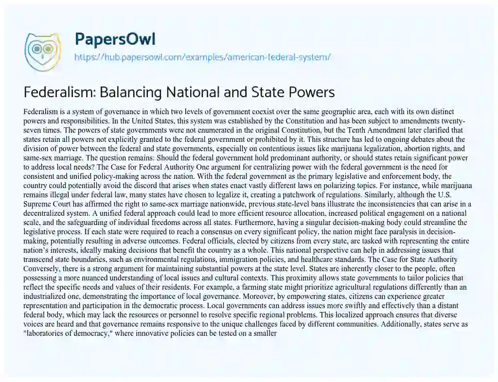 Essay on Federalism: Balancing National and State Powers