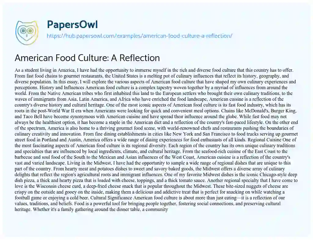 Essay on American Food Culture: A Reflection