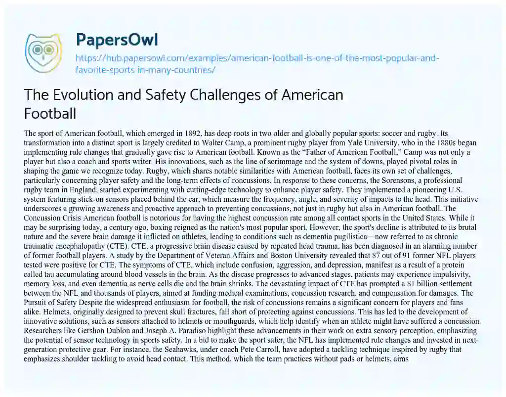 Essay on The Evolution and Safety Challenges of American Football