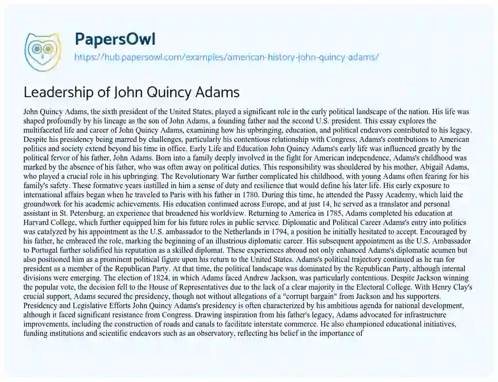 Essay on Leadership of John Quincy Adams