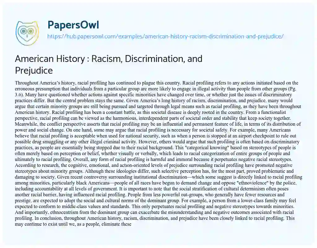 Essay on American History : Racism, Discrimination, and Prejudice