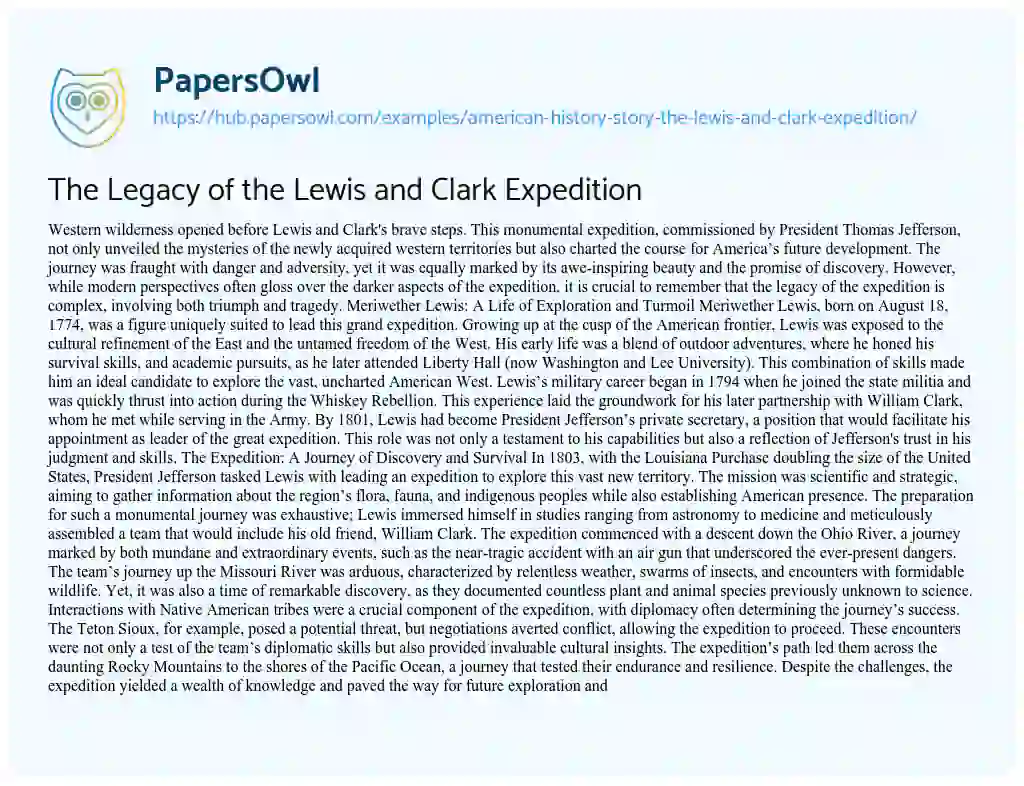 Essay on The Legacy of the Lewis and Clark Expedition