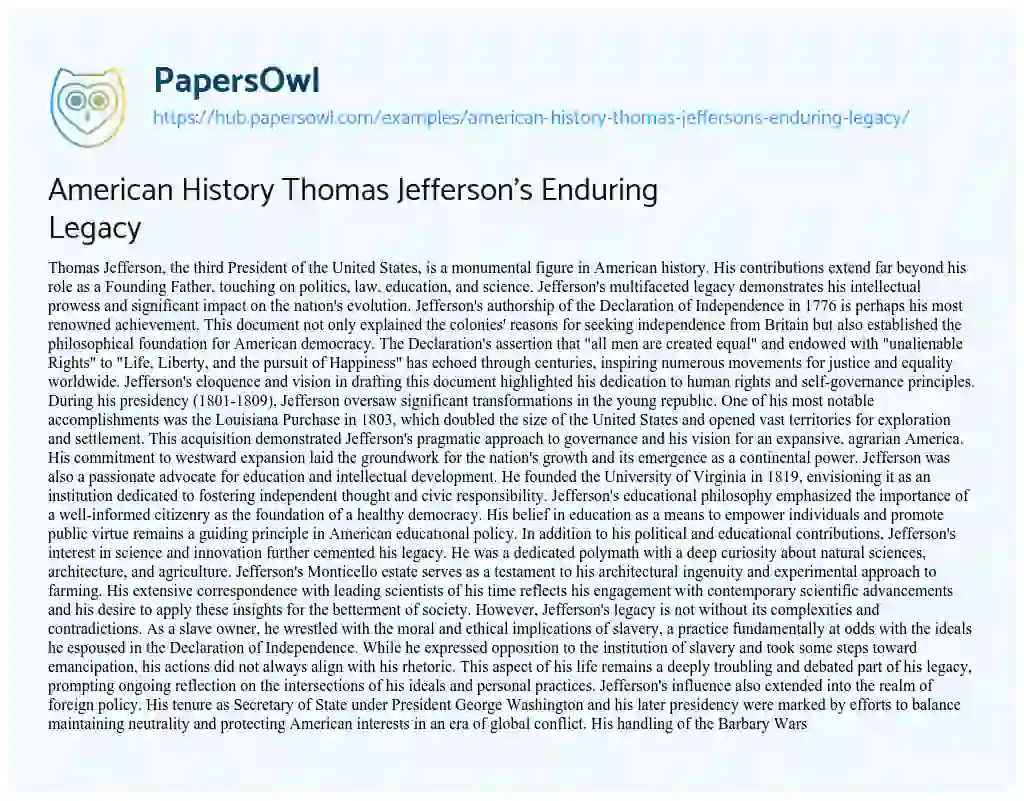 Essay on American History Thomas Jefferson’s Enduring Legacy